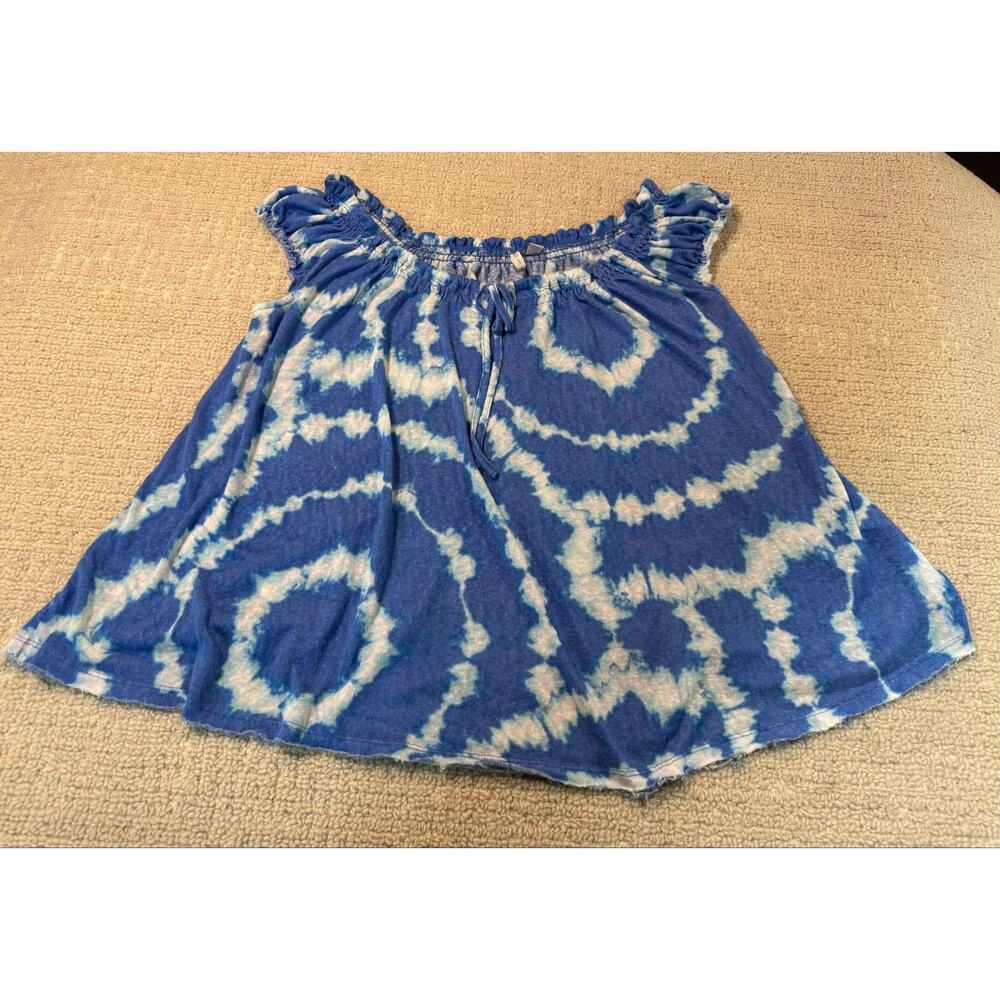 Cato Women’s Large Sleeveless Top Blue White Ruffled Tie Neck Lightweight Flowy